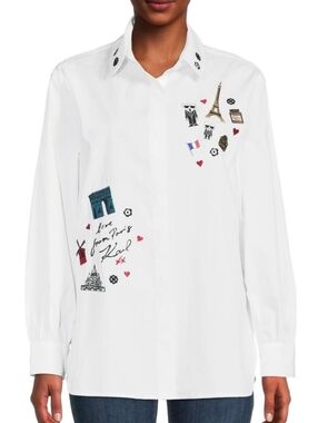 Karl Lagerfeld Women's Paris Embroidered Cotton Poplin Shirt Size M